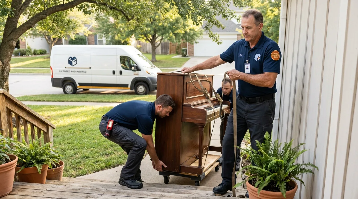 Licensed piano movers securing grand piano in Laingsburg, MI