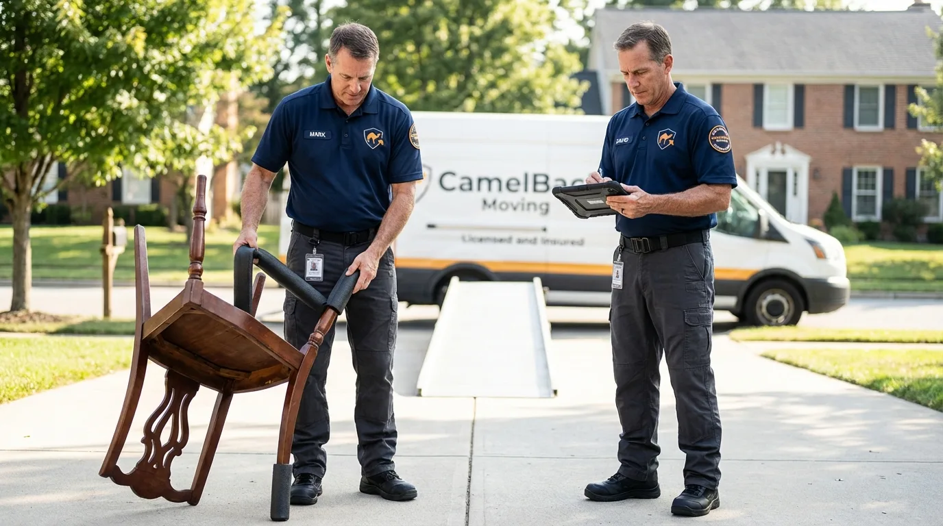 Movers inspecting furniture for damage prevention before loading in Laingsburg, MI