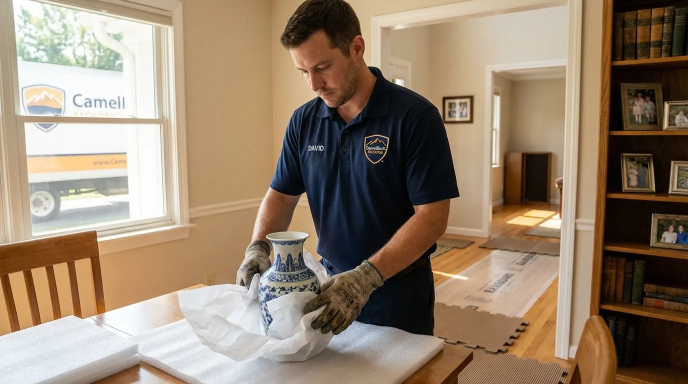 Professional crew carefully wrapping antique vase for senior downsizing move in Laingsburg, MI